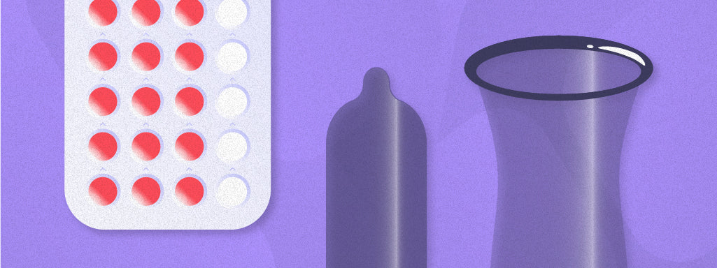 Image of birth control options from left to right: Contraceptive pills, external condom, internal condom. Blog banner for Pandia Health x ONE Condoms