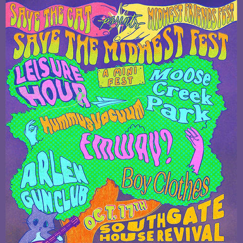 Colorful poster for a music festival with various band names and event details.