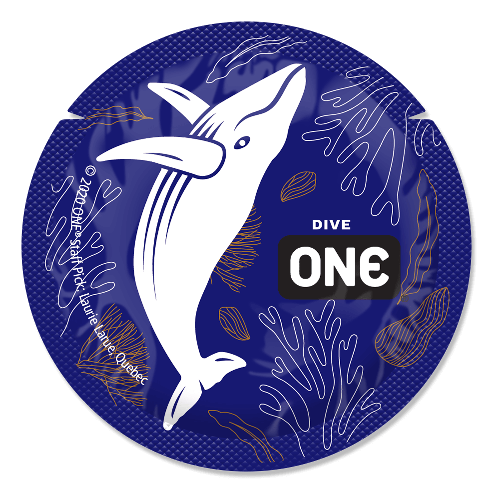 Circular sticker with a whale illustration and 'Dive One' branding on a blue background