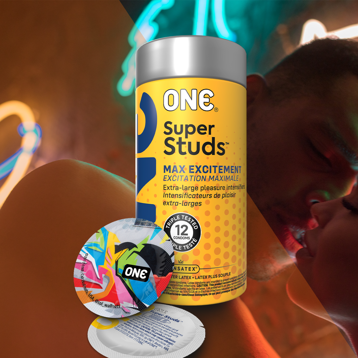 Super Studs Condoms over a background of two people about to kiss.