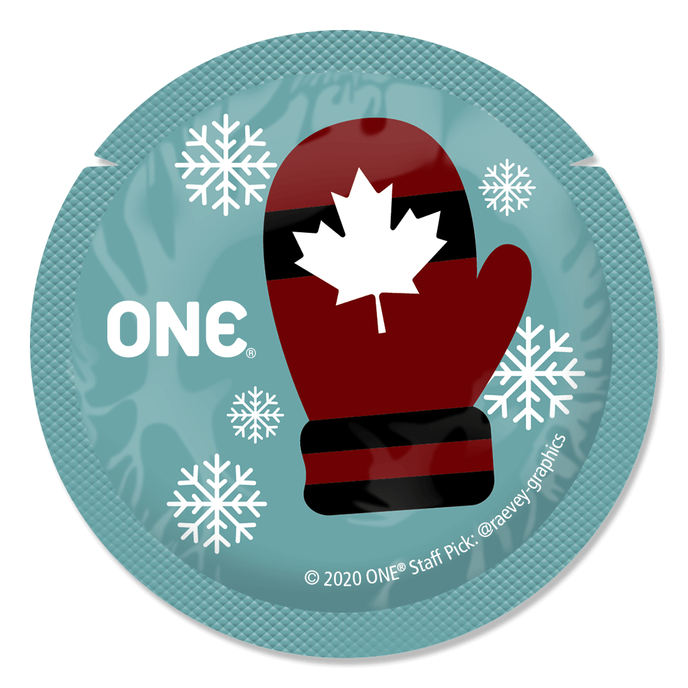 Round sticker with a red mitten holding a white maple leaf on a blue background with snowflakes.