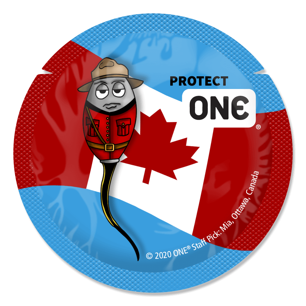 Circular sticker with a cartoon character in a red jacket and hat, a Canadian flag, and 'PROTECT ONE' text.