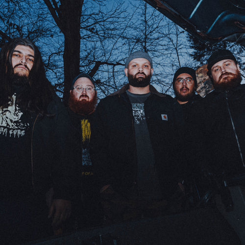 Image of Terminal Nation - a new ONE on Stage band. Image shows five band members dressed in black looking directly at the camera. Trees in the background.