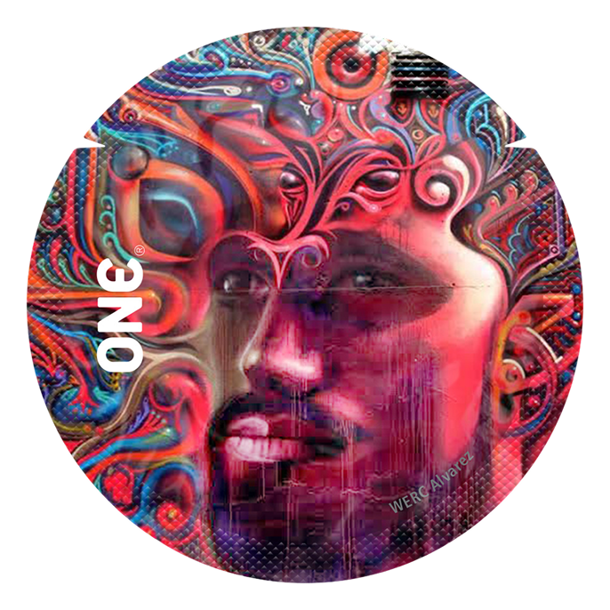 Colorful abstract design with a face and swirling patterns on a white background