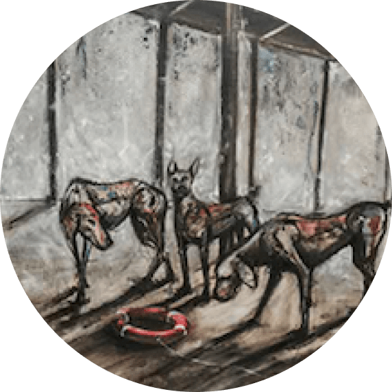 Artistic depiction of three dogs in a room with a bowl on the floor.