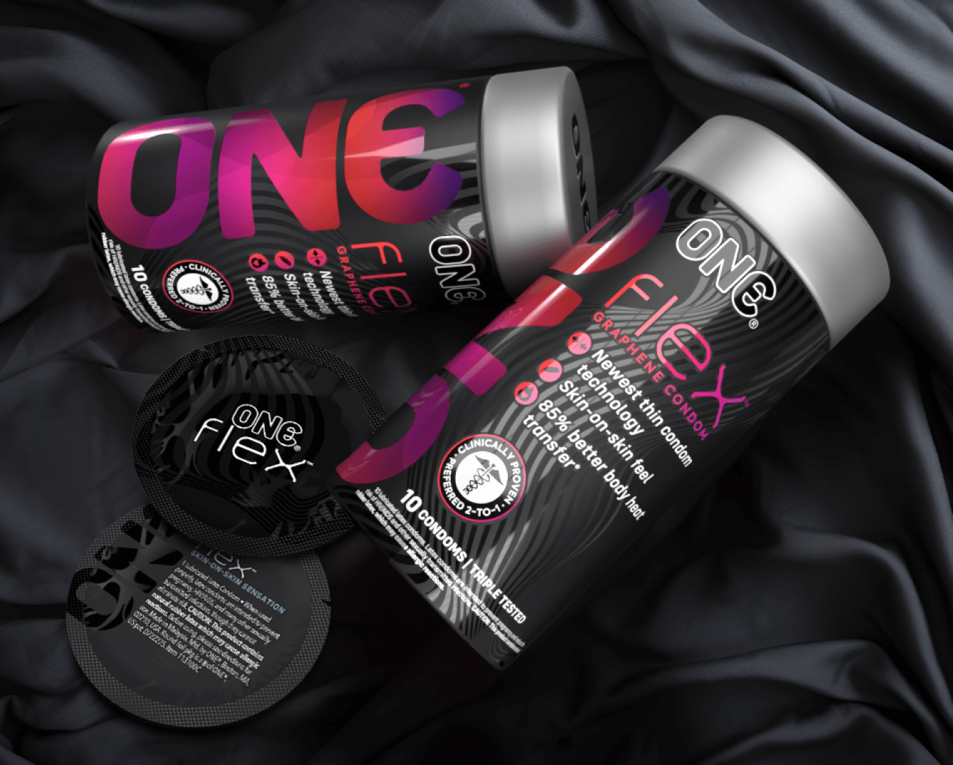 Two bottles of One Flex on a dark fabric background