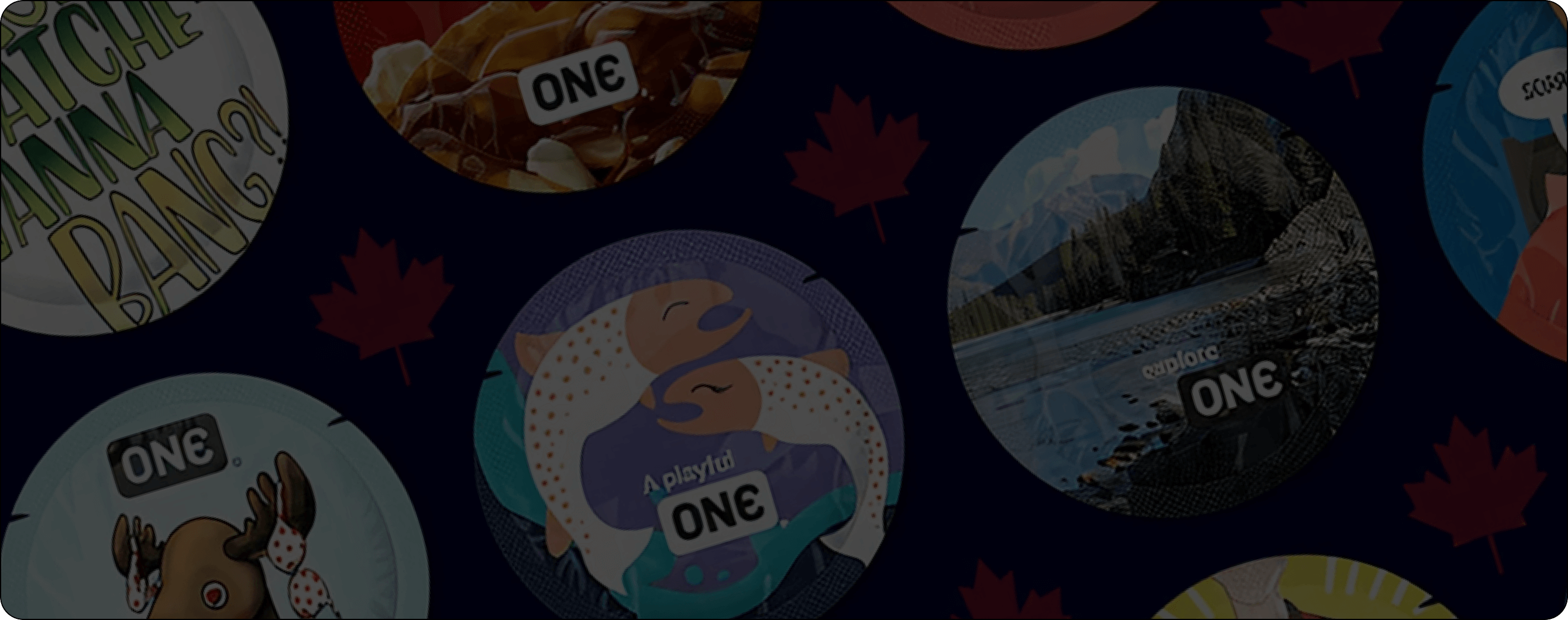 Collection of circular stickers with various designs on a dark background