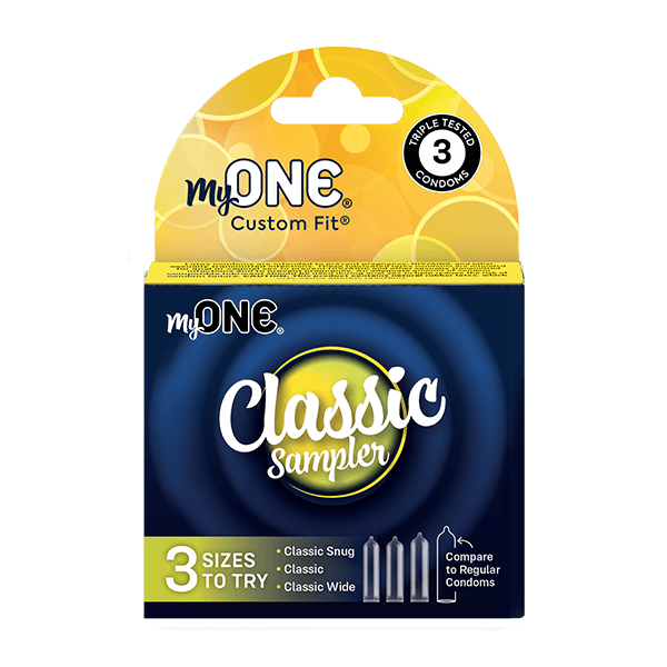 My ONE Custom Fit and Classic Sampler condom packages on a black background