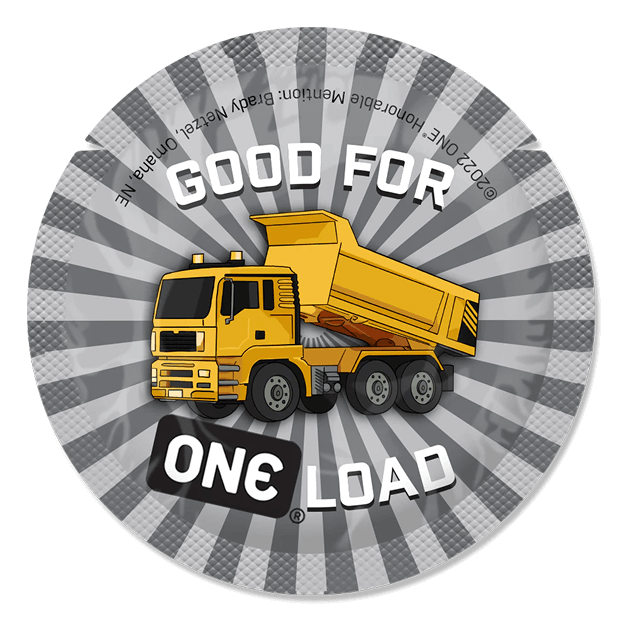condom wrapper with a yellow dump truck illustration and text "good for one load" on a gray and white striped background