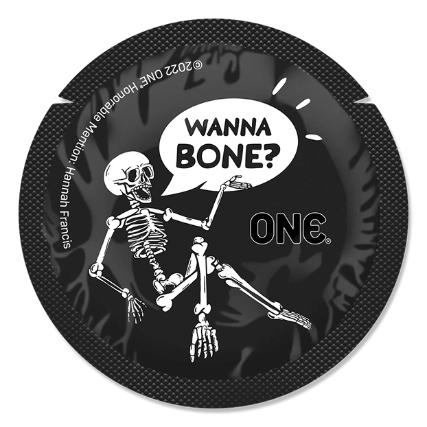 Condom packaging with skeleton design and 'Wanna Bone?' text on a black background