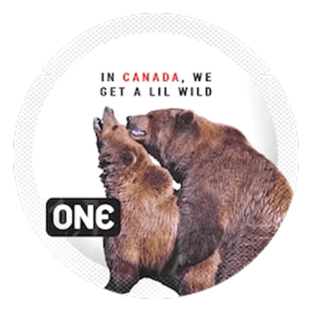 Button with two bears and text 'In Canada, we get a lil wild' on a white background