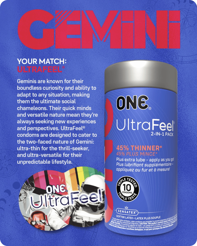 One UltraFeel condom packaging with Gemini branding on a blue background