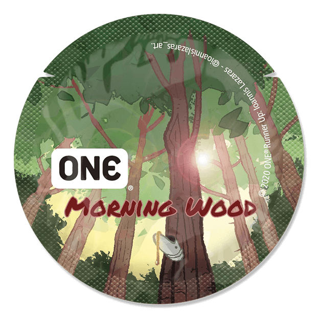 Condom packaging with forest design and 'ONE Morning Wood' text