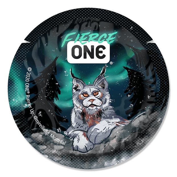 Circular product packaging with a lynx illustration and 'Fierce One' branding against a forest night background.