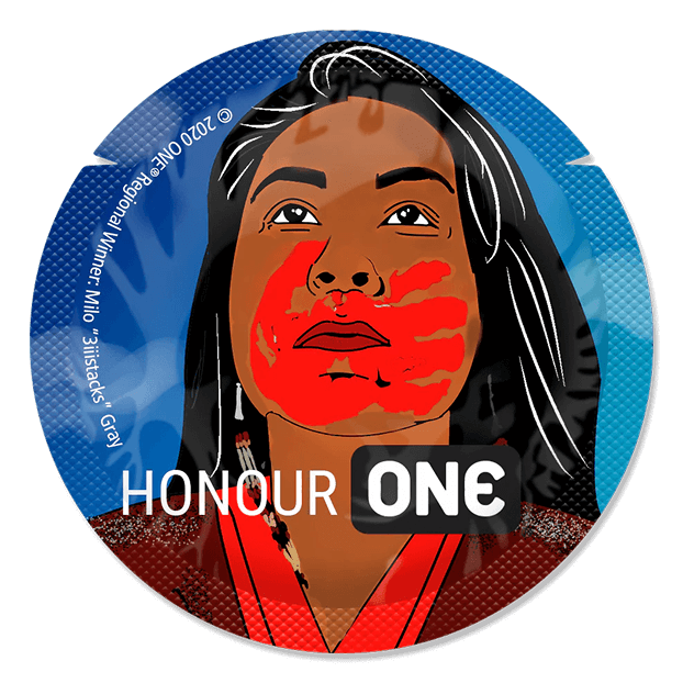 Circular artwork with a stylized portrait of a woman with red face paint and 'Honour One' text.