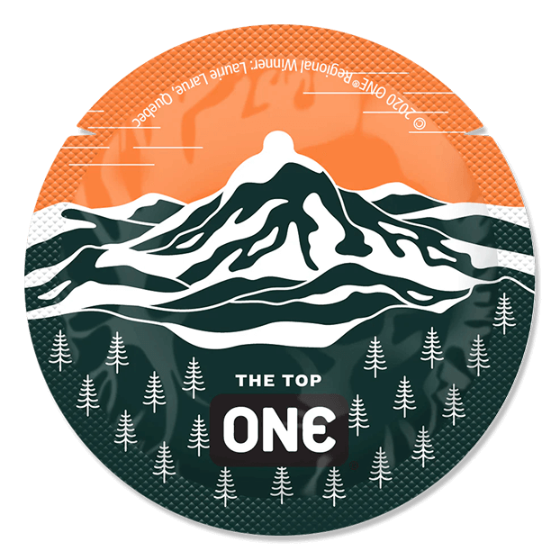 Circular design with mountain and trees, featuring 'The Top One' text, on an orange and green background.