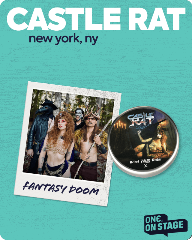 Promotional material for 'Castle Rat' featuring a photo of people in fantasy costumes and a logo on a teal background.