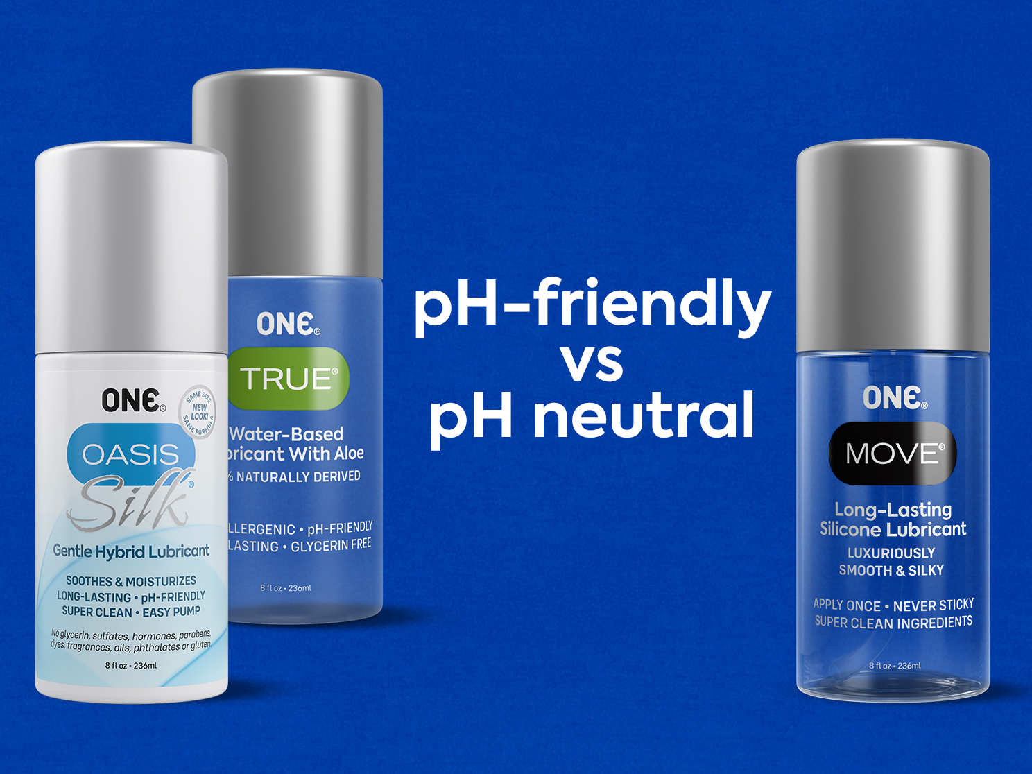 Image of ONE® lubes that says pH-friendly vs pH neutral with ONE® True® and ONE® Oasis Silk® on the left and ONE® Move® on the right