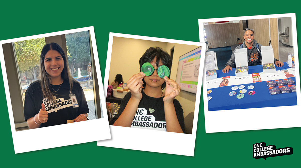 Three Polaroid-style photos featuring various ONE® College Ambassadors at their campus events promoting safer sex education.