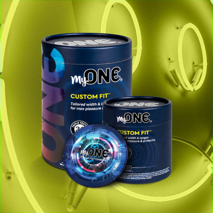 MyONE Condoms on top of a neon yellow background