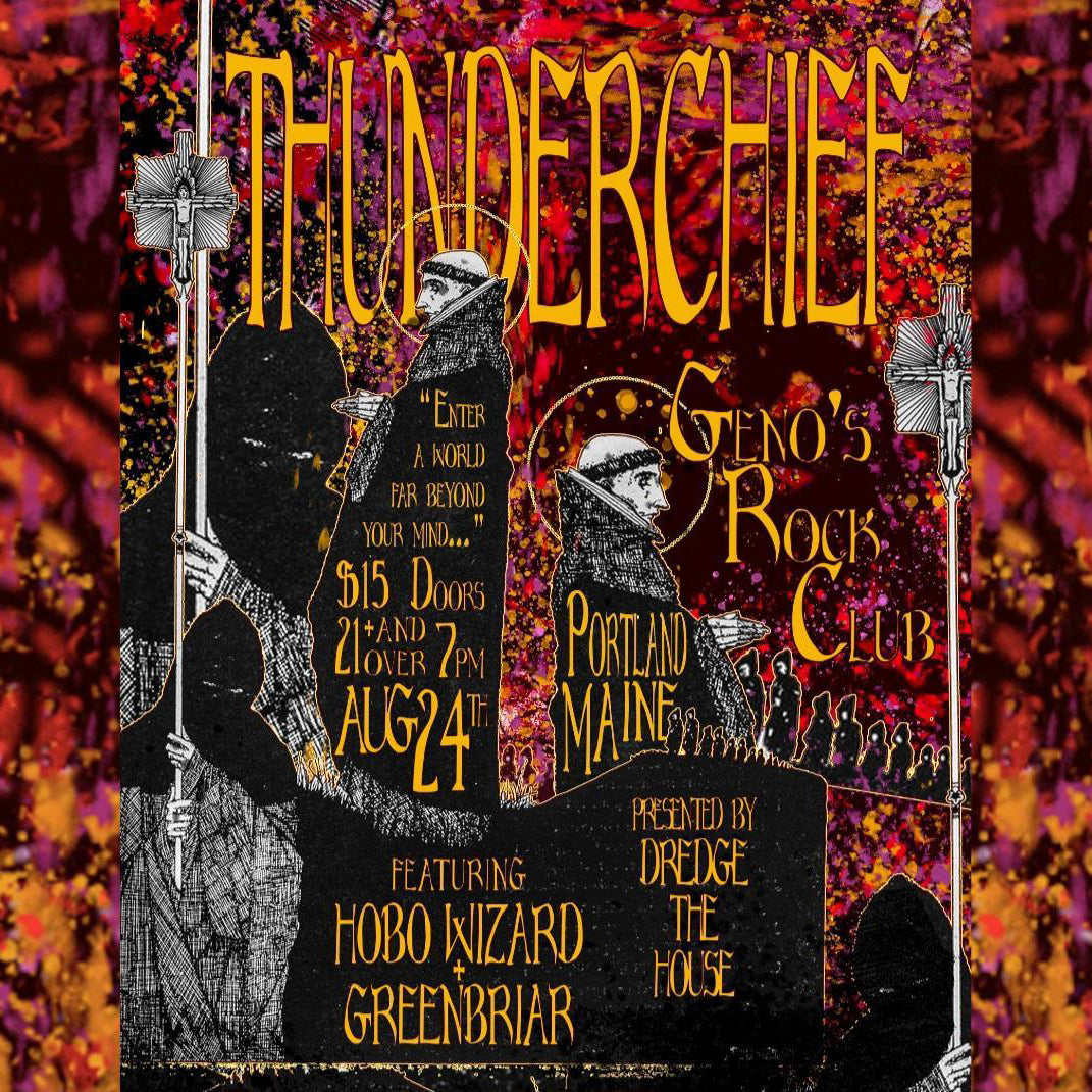 Promotional poster for Thunderchief at Geno's Rock Club with silhouettes and text.