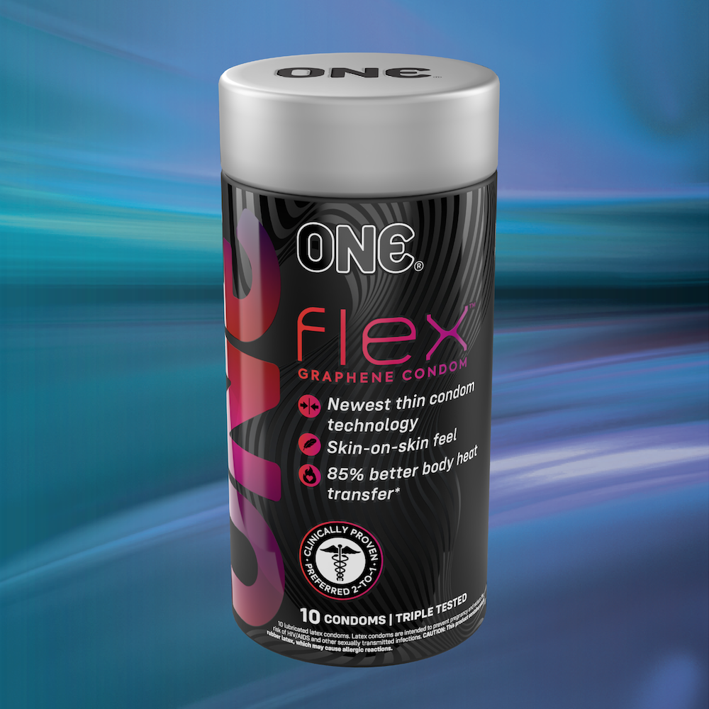 ONE® Condoms Flex™ Condoms over a blue backgound