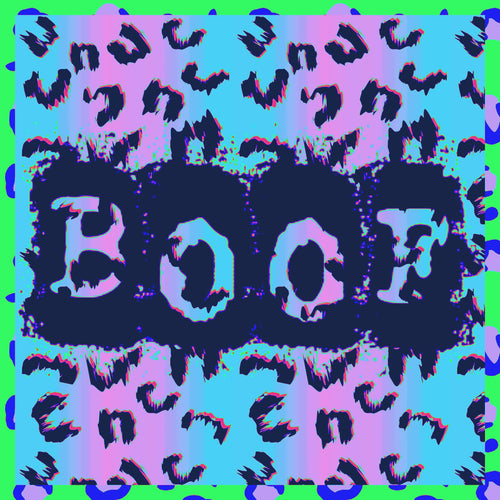 BOOF band name on a colorful, cheetah print background.