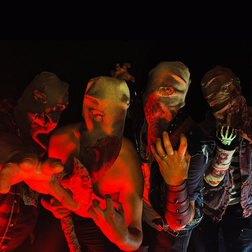 Group of people wearing masks with a dark background