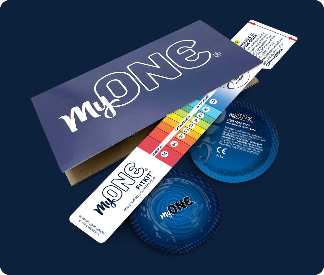my one fit kit and 2 condoms with blue background