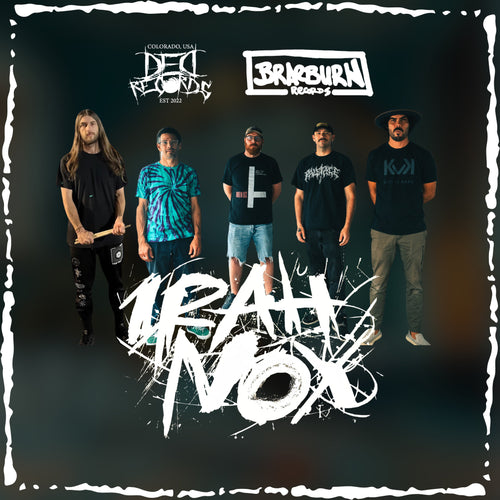 Image of Irah Nox - a ONE on Stage band. Five people standing looking towards camera. Irah Nox logo in white overlayed.