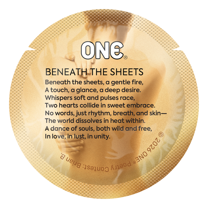 Gold condom wrapper with a longer romantic poem describing intimacy, closeness, and emotional connection.