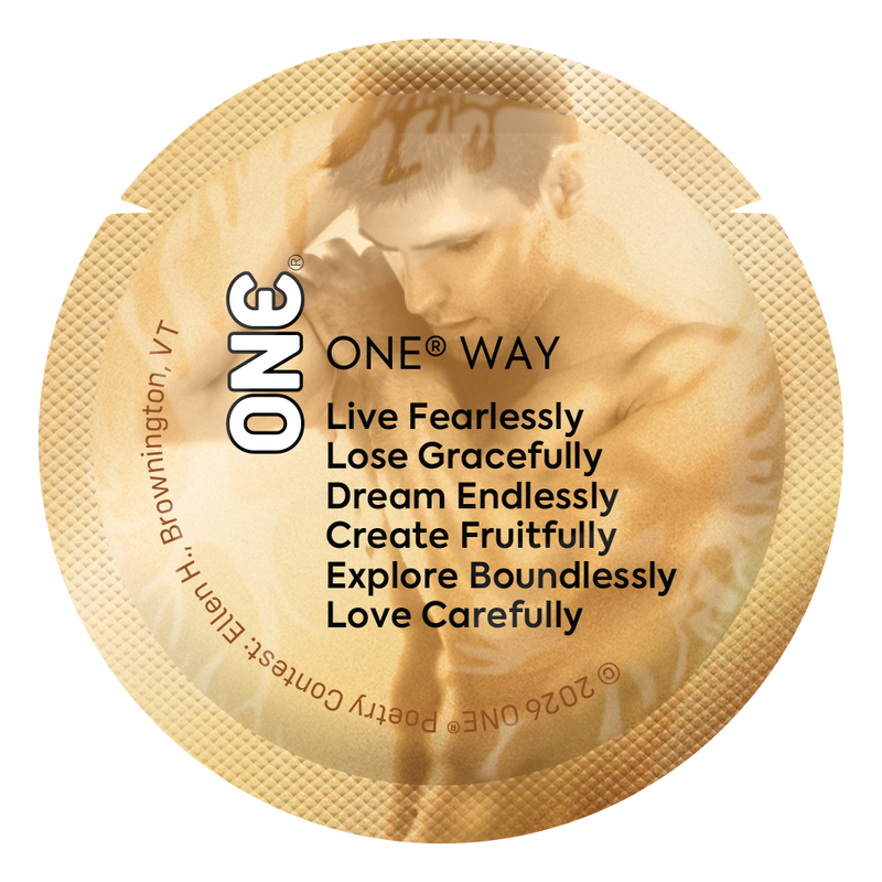 Gold condom wrapper featuring a list-style poem about living, loving, and exploring carefully, printed in a bold, modern layout.