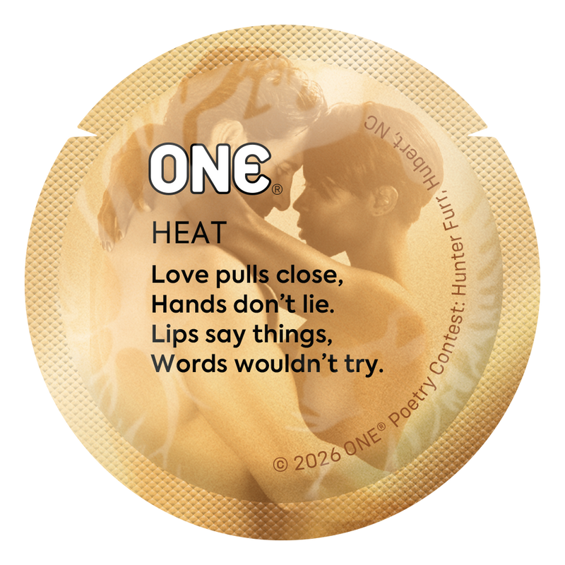 Gold condom wrapper with a short poem about touch, closeness, and unspoken desire.