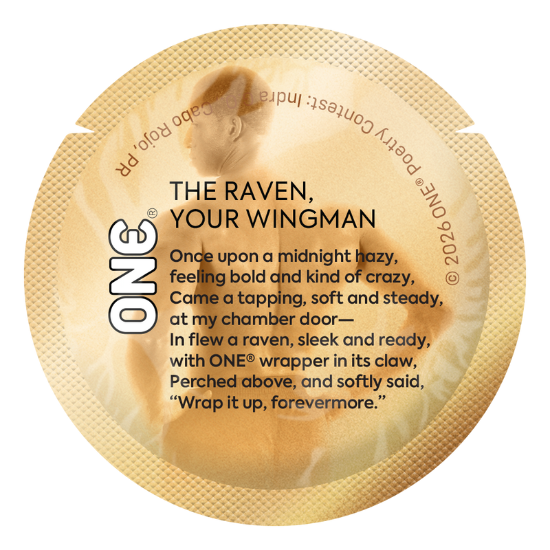 Gold condom wrapper with a humorous poem inspired by Edgar Allan Poe, depicting a raven delivering a condom as a symbol of preparedness.