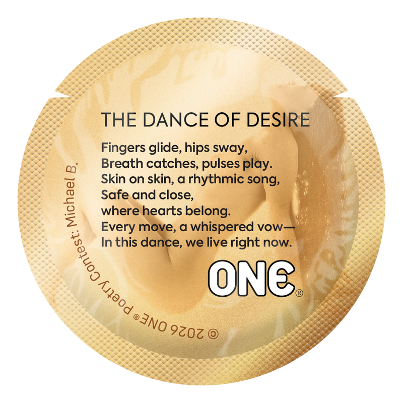 Gold condom wrapper featuring a rhythmic poem about movement, touch, and shared intimacy, celebrating closeness and safety.