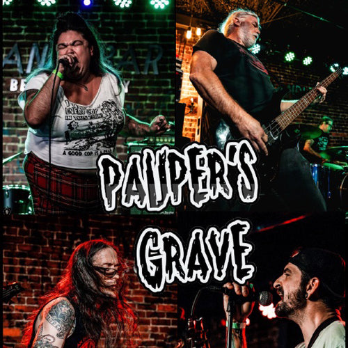Image of Pauperes Grave - a new ONE On Stage band. Grid of four pictures of different band members. Two singing and two playing guitar. Paupers Grave logo overlayed on top.