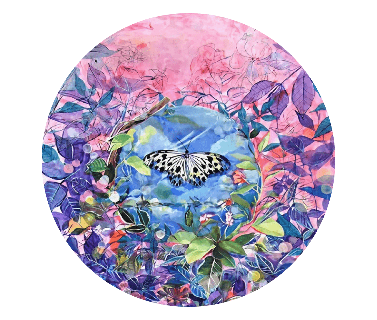 Colorful circular artwork with a butterfly and floral elements on a black background