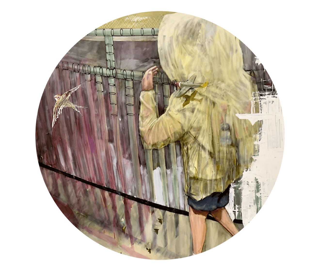 Person in a yellow raincoat interacting with a bird through a window