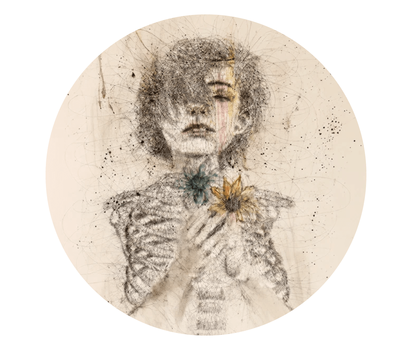 Artistic depiction of a woman holding a flower with a black background