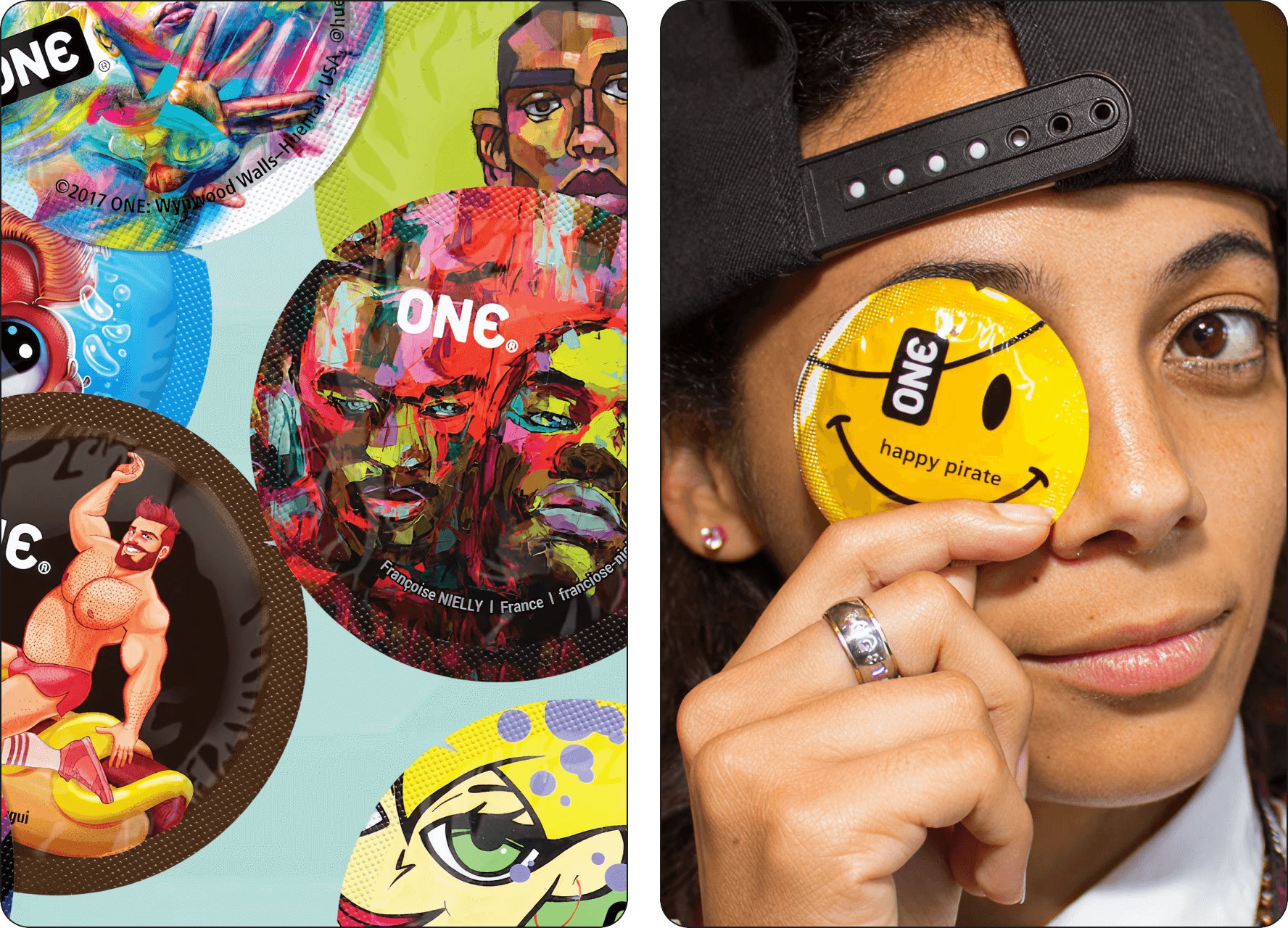 Collage of colorful buttons with various designs and a person wearing a button on their eye.