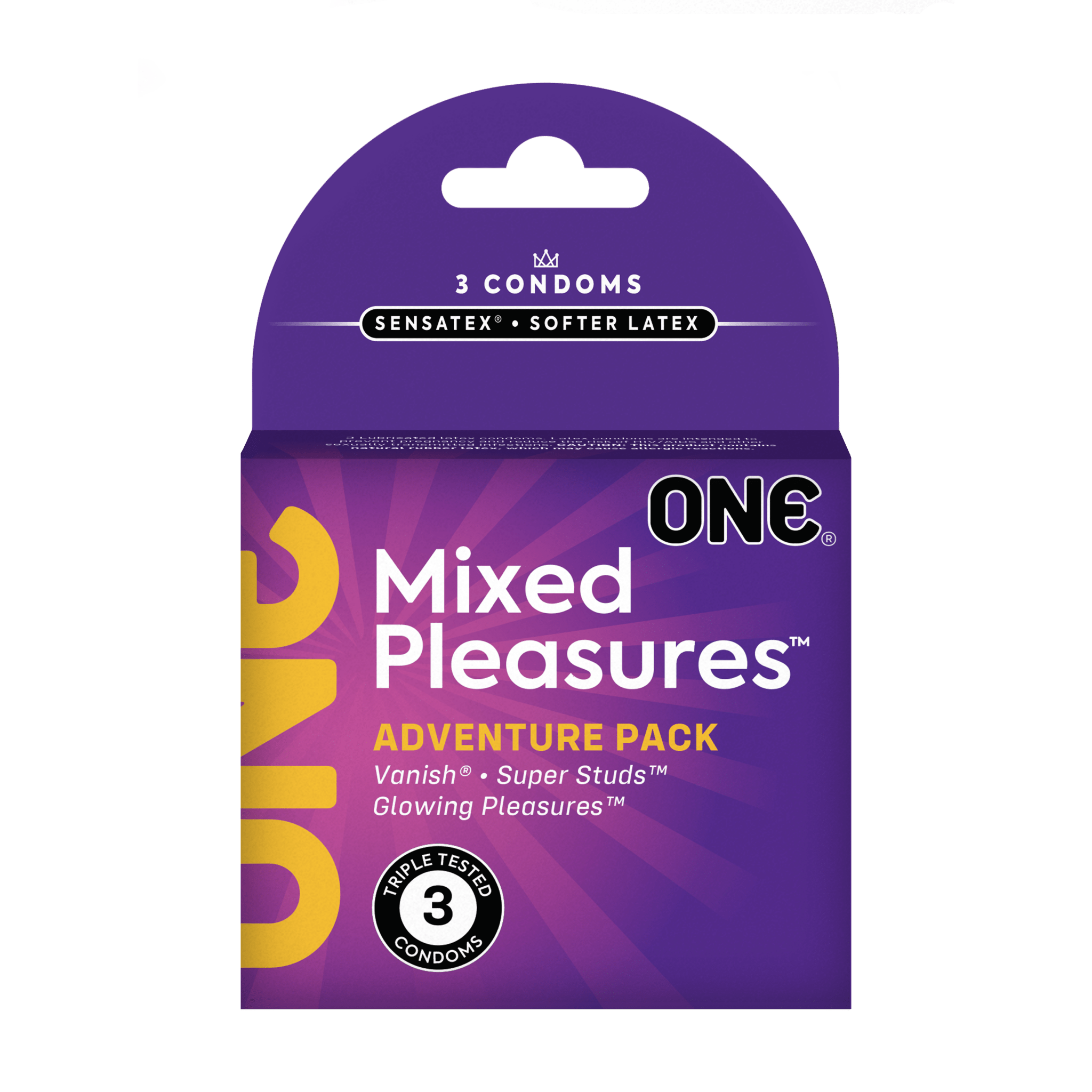 Purple packaging of ONE Mixed Pleasures adventure pack with text and branding. | Mixed Pleasures™ Variety Pack ONE®
