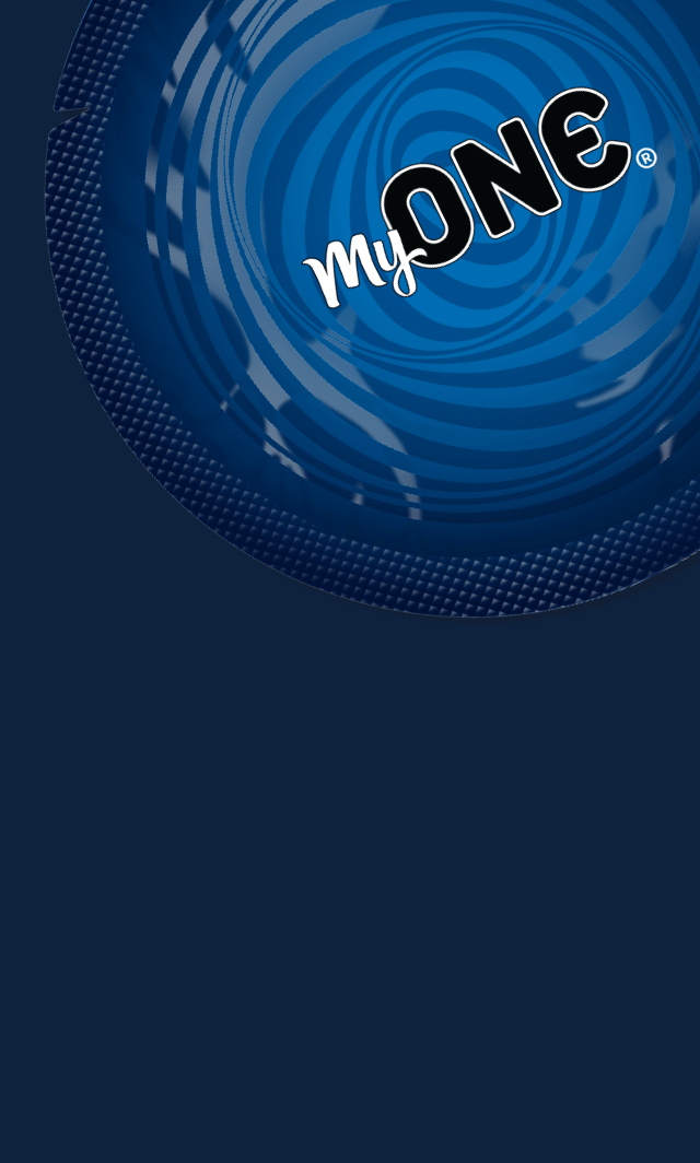 Blue swirl design with 'myONE' logo on a dark blue background
