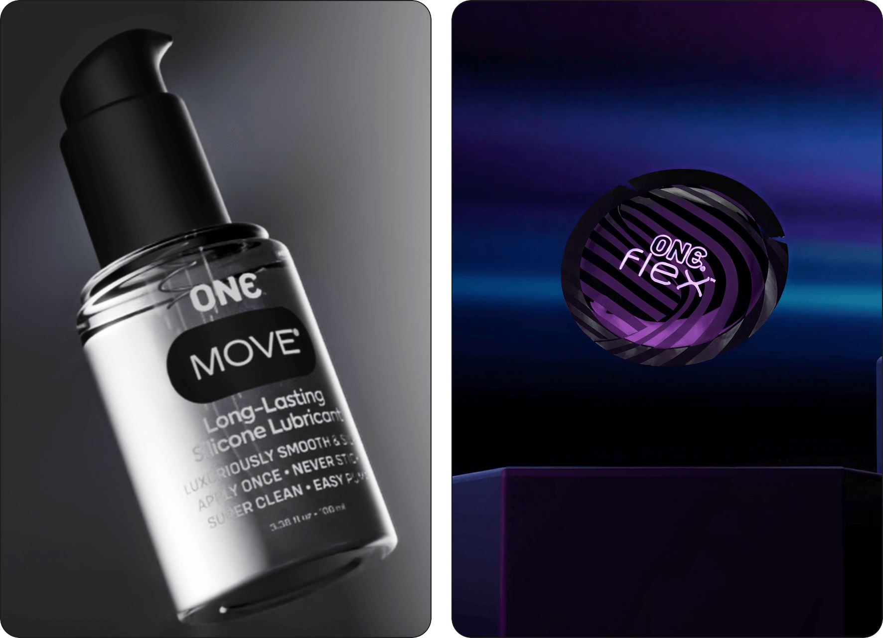 Bottle of 'ONE MOVE' lubricant on a dark background with 'ONE FLEX' product in the corner.