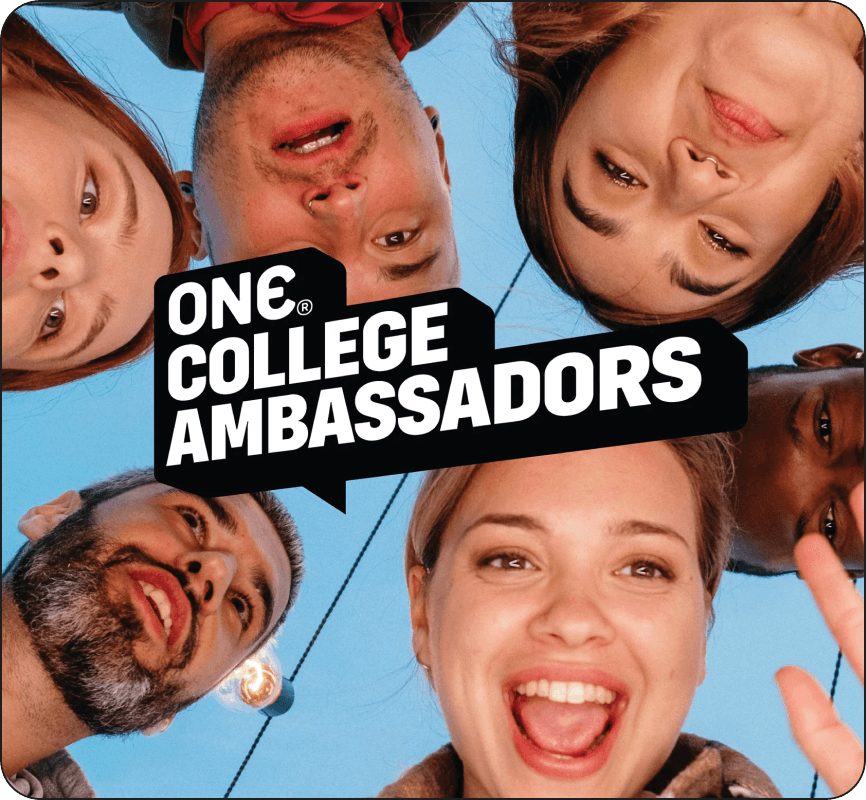 Collage of people with 'One College Ambassadors' text overlay against a blue sky.