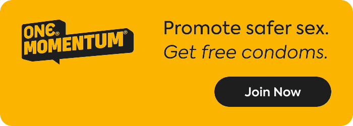 One Momentum advertisement on a yellow background with text about promoting safer sex and getting free condoms.