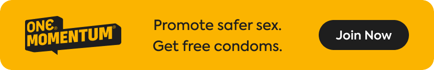 One Momentum advertisement promoting safer sex with a call to action on a yellow background