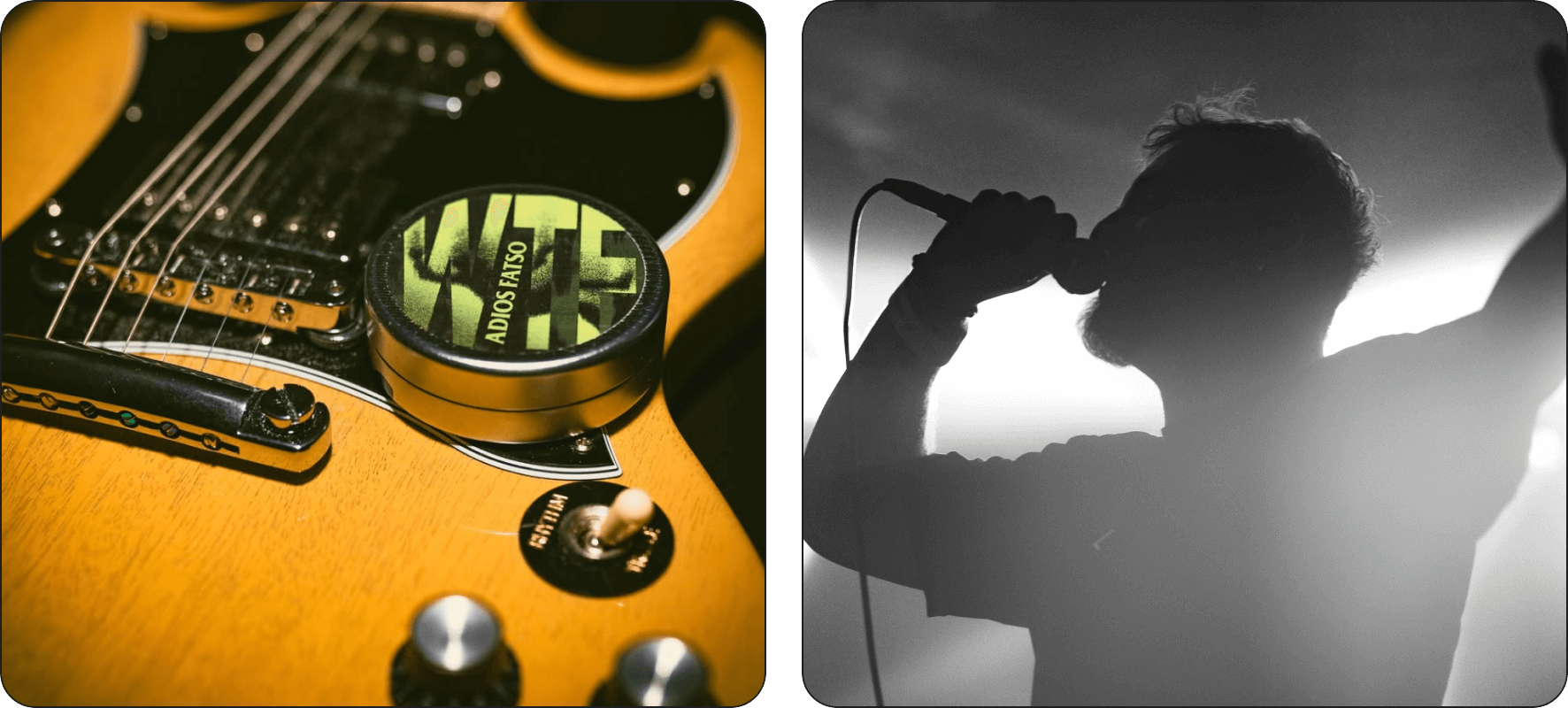 Close-up of a guitar with a 'Gibson' label on the neck, followed by a silhouette of a person singing into a microphone.