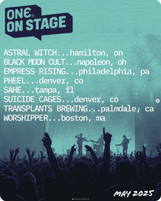 Promotional poster for a concert series titled 'One on Stage' with band names and locations listed.